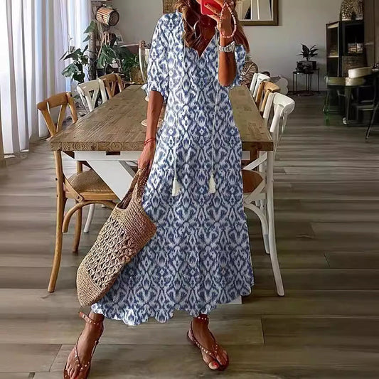 Casual and Sweet LooseVCollar Printed Tassel Mid-Sleeve Long Dress Women